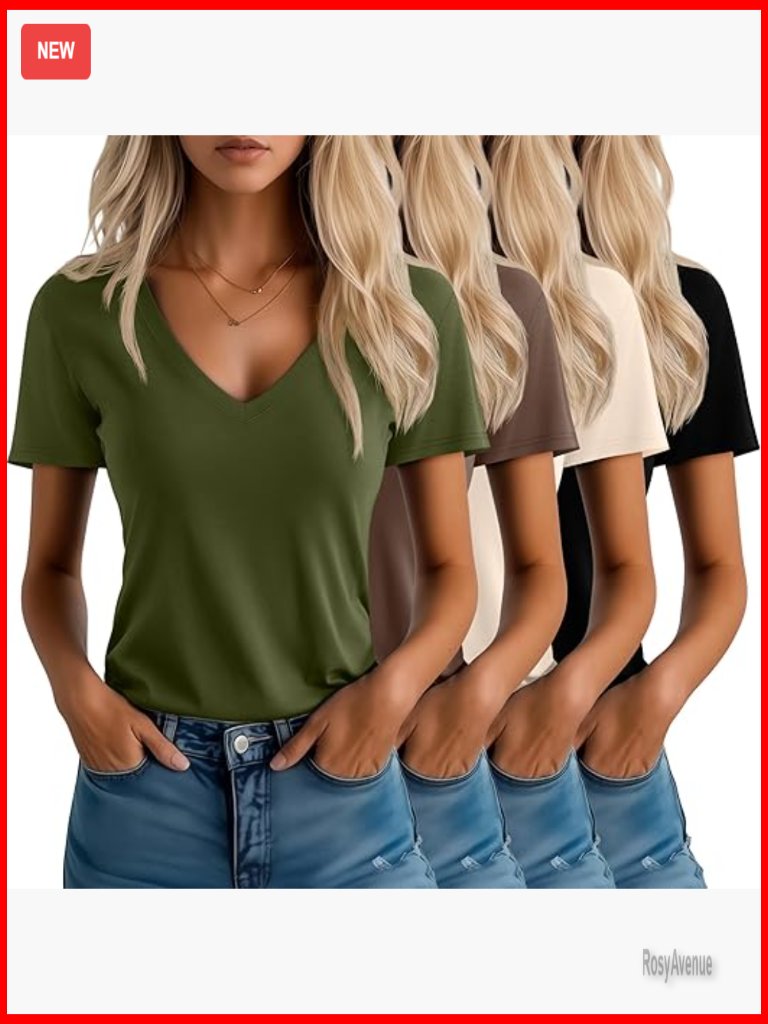 4 Pack Women's V Neck Short Sleeve Tees Loose Fit Basic Tops Casual Summer